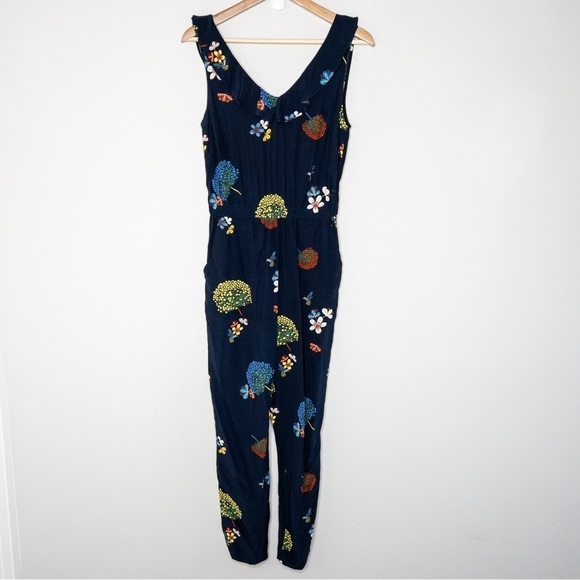 LOFT Womens Blue Floral and Bird Print Sleeveless Jumpsuit Size 00P Lightweight - Picture 3 of 13